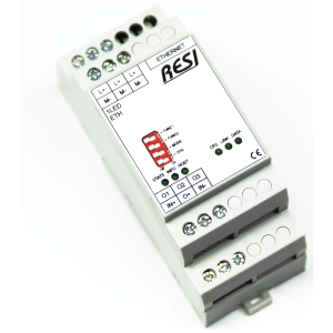 RESI-1LED-ETH: modulo IO ultra sottile, 2MU, modulo con 3 canali dimmerabili individuali per controllare strisce LED con anodo comune, Ethernet, server MODBUS / TCP + ASCII, 12-48V =